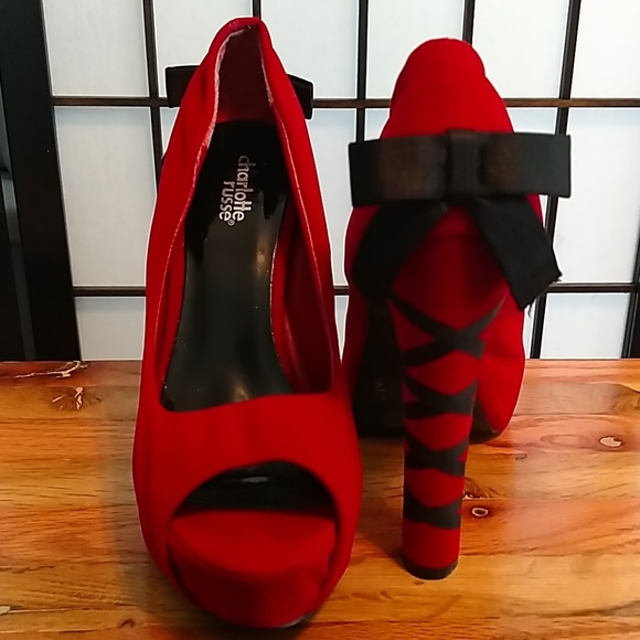 Charlotte Russe Shoes - Holiday Red Velvet Black Ribbon Platform Heel